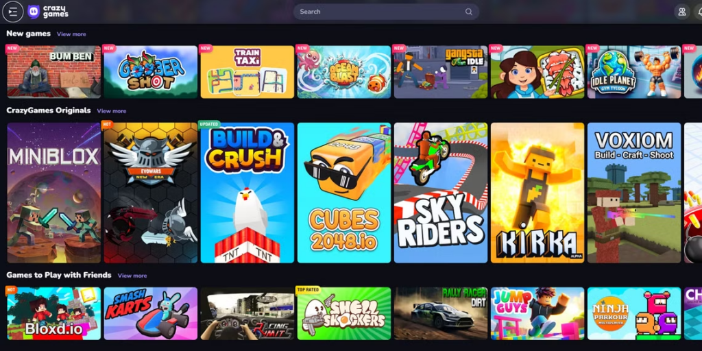 "Screenshot of web games on an online platform featuring Miniblox as a popular browser game"